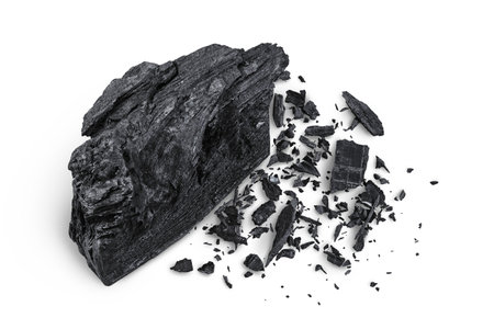 Natural wooden charcoal isolated on white background with full depth of field. Top view. Flat layの写真素材