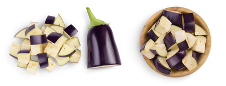 Eggplant or aubergine with slices isolated on white background. Clipping path and full depth of field. top, view, flat layの写真素材