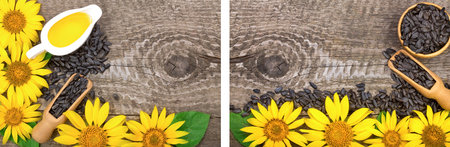 Sunflower oil, seeds and flower on wooden background with copy space for your text. Top viewの写真素材