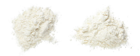 Pile of flour isolated on white background. Top view. Flat layの写真素材