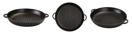 Empty cast iron grill frying pan isolated on white background with. Top view.の写真素材