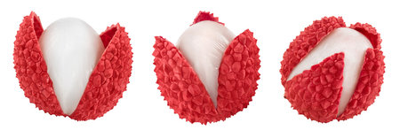 lychee fruit isolated on white background with full depth of field. Top view. Flat lay. Set or...