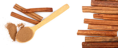 Cinnamon sticks isolated on white background with copy space for your text. Top viewの写真素材