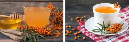 Tea of sea-buckthorn berries with honey on sackcloth and wooden backgroundの写真素材