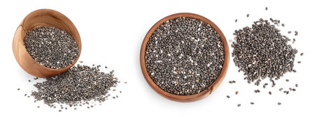 Chia seeds in wooden bowl isolated on white background with full depth of fieldの写真素材