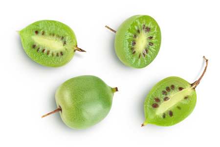mini kiwi baby fruit or actinidia arguta isolated on white background with full depth of field. Top view. Flat layの写真素材