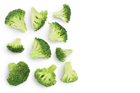 fresh broccoli isolated on white background close-up with full depth of field. Top view with copy space for your text. Flat layの写真素材