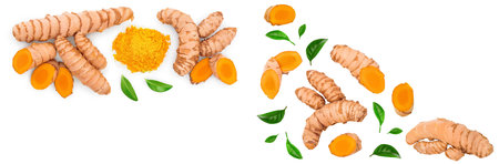 turmeric root and slices isolated on white background with copy space for your text. Top view. Flat...