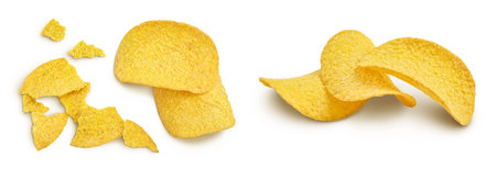 Potato chips isolated on white background with full depth of field. Top view. Flat lay.