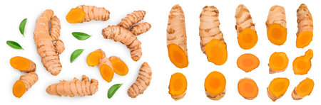 turmeric root and slices isolated on white background. Top view. Flat lay