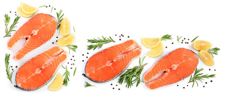 Slice of red fish salmon with lemon, rosemary isolated on white background with copy space for your text. Top viewの写真素材