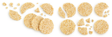 coconut cookies with white flax seeds and honey isolated on white background. Healthy food. Top view...
