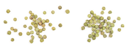 dried green peppercorns isolated on white background. Top view. Flat layの写真素材