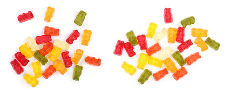 Colorful eat gummy bears jelly candy Isolated on white background. Top view. Flat layの写真素材