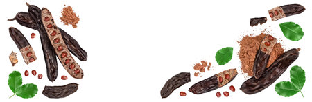 Ripe carob pods and bean isolated on white background. Top view with copy space for your text. Flat layの写真素材