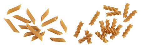 Wolegrain penne and fusilli pasta from durum wheat isolated on white background with  full depth of field. Top view. Flat lay,の写真素材