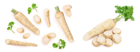 Parsley root with slices and leaves isolated on white background. Top view. Flat layの写真素材