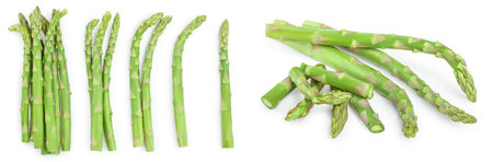 Fresh sprouts of asparagus isolated on white background. Top view. Set or collectionの写真素材