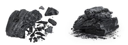 Natural wooden charcoal isolated on white background with full depth of field. Top view. Flat layの写真素材