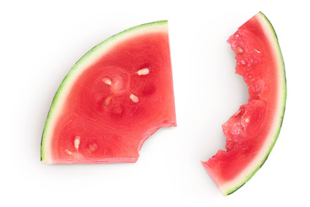 Red seedless watermelon slices isolated on white background. Top view. Flat layの写真素材