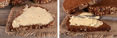 slices of black bread with sesame seeds and butter on the old wooden background