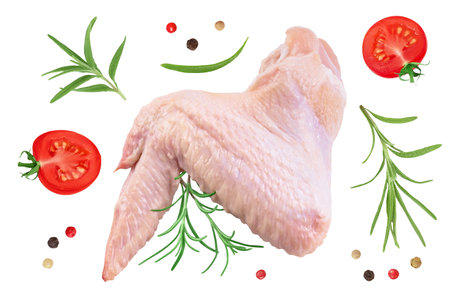 Raw chicken wings isolated on white background with full depth of field. Top view. Flat layの写真素材