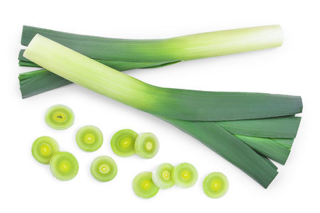 Leek vegetable closeup isolated on white background. Top view. Flat layの写真素材