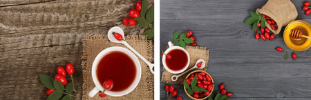 tea with rose hips and honey on old wooden background with copy space for your text. Top viewの写真素材