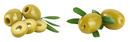 Green olives with leaves isolated on a white background with full depth of field.の写真素材