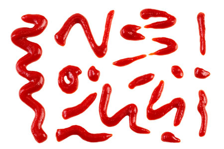 Red tomato sauce or ketchup isolated on white background. Top view. Flat lay. Set or collectionの写真素材