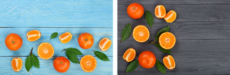 tangerine with leaves on blue wooden background with copy space for your text. Flat lay, top view. Fruit compositionの写真素材