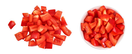 diced of red sweet bell pepper isolated on white background. Top view. Flat layの写真素材