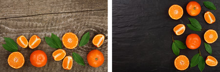 orange or tangerine with leaves on old wooden background. Flat lay, top view. Fruit compositionの写真素材