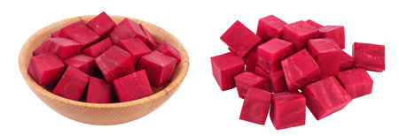 beetroot diced in wooden bowl isolated on white background with full depth of fieldの写真素材