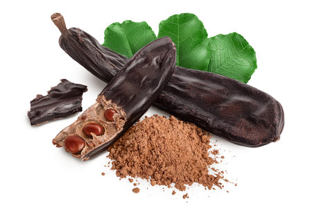 Carob pod and powder isolated on white background with full depth of field.の写真素材