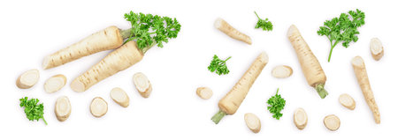Parsley root with slices and leaves isolated on white background. Top view. Flat layの写真素材