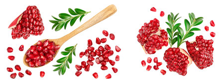 Pomegranate peaces isolated on white background . Top view. Flat layの写真素材