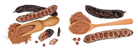 Carob pod and powder in wooden scoop isolated on white background. Top view. Flat lay