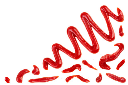 Red tomato sauce or ketchup isolated on white background . Top view with copy space for your text. . Flat layの写真素材