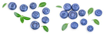 fresh ripe blueberry with leaf isolated on white background with copy space for your text. Top view. Flat lay patternの写真素材