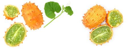 Kiwano or horned melon isolated on white background, Top view. Flat lay.の写真素材