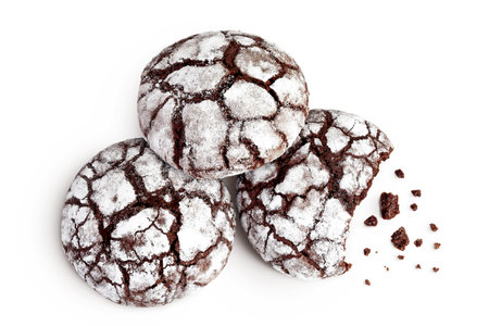Chocolate brownie cookie isolated on white background. Top view. Flat lay