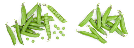 Fresh green pea pod isolated on white background. Top view. Flat lay