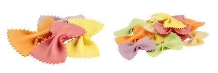 colorful farfalle pasta isolated on white background with depth of field