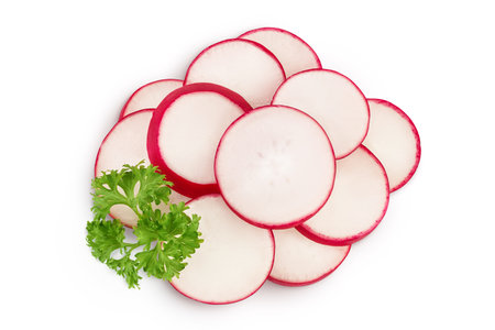 Radish slices isolated on white background. Top view. Flat layの写真素材