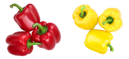 red and yellow sweet bell pepper isolated on white background. Top view. Flat layの写真素材