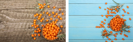 Sea buckthorn. Ripe fresh berries in bowl on old wooden background with copy space for your text. Top viewの写真素材
