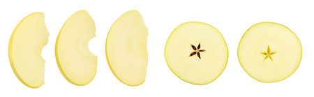 yellow apple slices isolated on white background with full depth of field. Top view. Flat layの写真素材