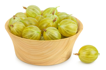 Green gooseberry in wooden bowl isolated on white background with full depth of fieldの写真素材