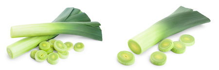 Leek vegetable with slices isolated on white backgroundの写真素材